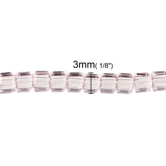 ガラスビーズ 正方形 ピンク 透明 ファセット・カット 約 3mm x 3mm、 穴：約 0.8mm 31.5cm長さ、 1 連 （約 100PCS /一連） の画像