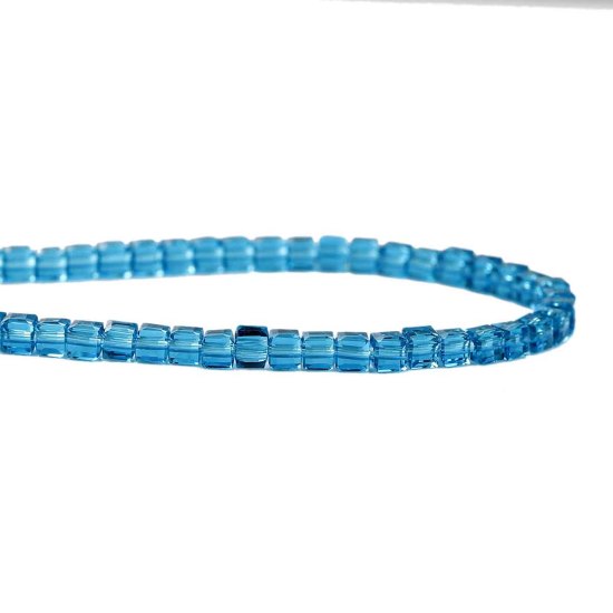 Picture of Glass Loose Beads Square Peacock Blue Transparent Faceted About 3mm x 3mm, Hole: Approx 0.8mm, 29.5cm long, 1 Piece (Approx 100 PCs/Strand)