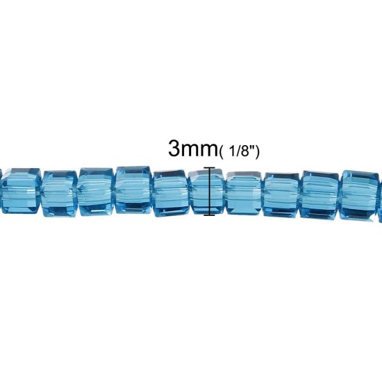 Image de Perles en Verre Carré Bleu Paon à Facettes Transparent 3mm x 3mm, Tailles de Trous: 0.8mm, 29.5cm long, 1 Enfilade ( 100PCs/Enfilade )