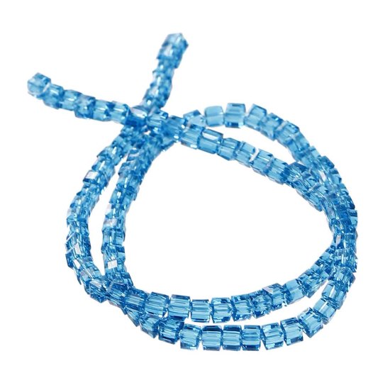 Picture of Glass Loose Beads Square Peacock Blue Transparent Faceted About 3mm x 3mm, Hole: Approx 0.8mm, 29.5cm long, 1 Piece (Approx 100 PCs/Strand)