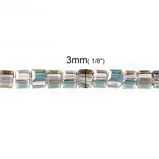 Picture of Glass Loose Beads Square Green AB Rainbow Color Aurora Borealis Transparent Faceted About 3mm x 3mm, Hole: Approx 0.8mm, 30.3cm long, 1 Piece (Approx 100 PCs/Strand)