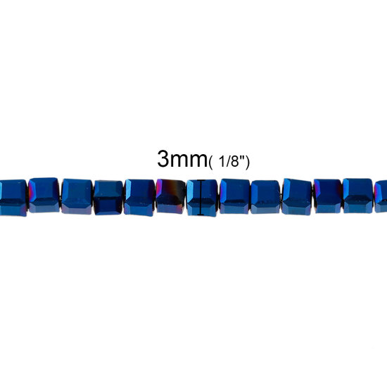 Picture of Glass Loose Beads Square Deep Blue AB Color Faceted About 3mm x 3mm, Hole: Approx 0.8mm, 30.2cm long, 1 Piece (Approx 100 PCs/Strand)