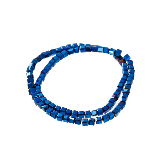 Picture of Glass Loose Beads Square Deep Blue AB Color Faceted About 3mm x 3mm, Hole: Approx 0.8mm, 30.2cm long, 1 Piece (Approx 100 PCs/Strand)