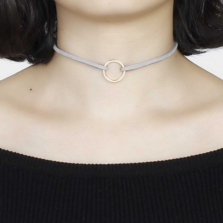 Gray Velvet Faux Suede Choker Necklace Gold Plated Circle Ring Pendant 33cm(13") long, 1 Piece