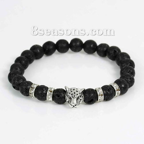 Picture of Synthetic Lava Beaded Healing Elastic Bracelet Black Antique Silver Color Leopard Head Clear Rhinestone 24cm(9 4/8") long, 1 Piece