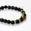 Picture of Synthetic Lava Beaded Healing Elastic Bracelet Gold Tone Antique Gold Black Leopard Head Clear Rhinestone 24cm(9 4/8") long, 1 Piece