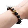 Picture of Synthetic Lava Beaded Healing Elastic Bracelet Gold Tone Antique Gold Black Leopard Head Clear Rhinestone 24cm(9 4/8") long, 1 Piece