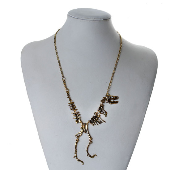 Picture of New Fashion Statement Necklace Gold Tone Antique Gold Dinosaur Skeleton 55cm(21 5/8") long, 1 Piece