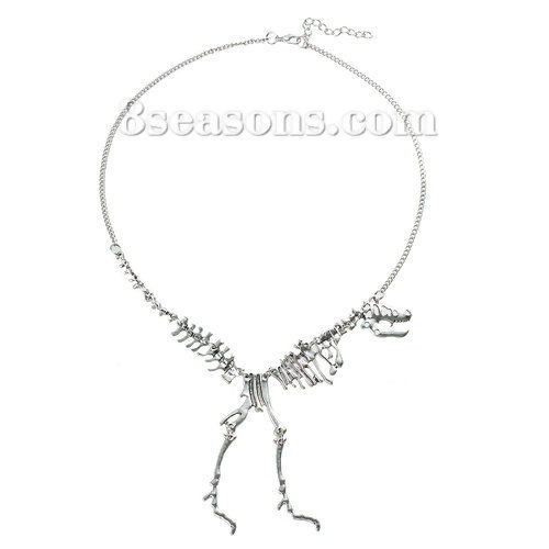Picture of New Fashion Statement Necklace Link Curb Chain Antique Silver Color Dinosaur Skeleton Connector 48.3cm(19") long, 1 Piece