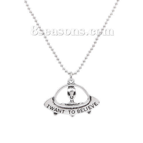 Picture of New Fashion Copper Necklace Alien Flying Saucer Antique Silver Color Message " I WANT TO BELIEVE " Carved 61.0cm(24") long, 1 Piece