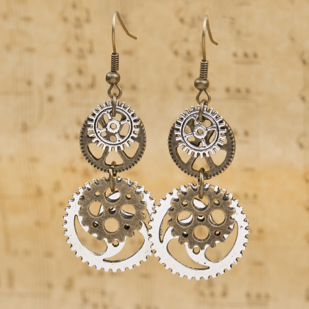 Steampunk Earrings Antique Bronze Gear 60mm(2 3/8") x 23mm( 7/8"), Post/ Wire Size: (21 gauge), 1 Pair