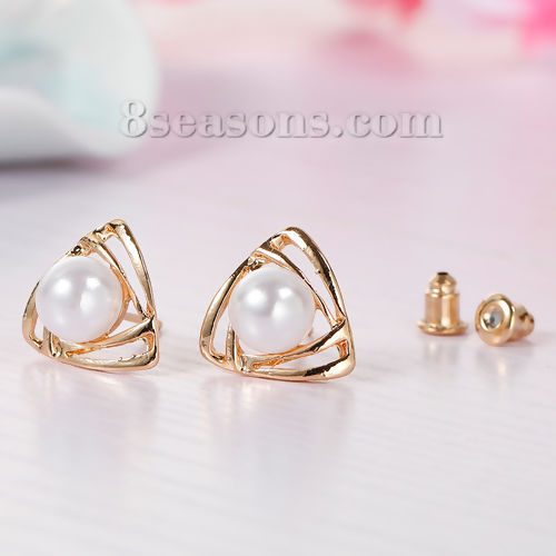 Picture of Acrylic Ear Post Stud Earrings Triangle Gold Plated White Pearl Imitation W/ Stoppers 15mm( 5/8") x 14mm( 4/8"), Post/ Wire Size: (20 gauge), 1 Pair