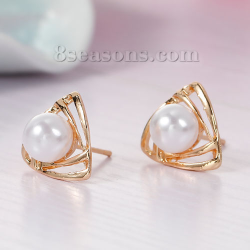 Picture of Acrylic Ear Post Stud Earrings Triangle Gold Plated White Pearl Imitation W/ Stoppers 15mm( 5/8") x 14mm( 4/8"), Post/ Wire Size: (20 gauge), 1 Pair