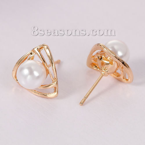 Picture of Acrylic Ear Post Stud Earrings Triangle Gold Plated White Pearl Imitation W/ Stoppers 15mm( 5/8") x 14mm( 4/8"), Post/ Wire Size: (20 gauge), 1 Pair