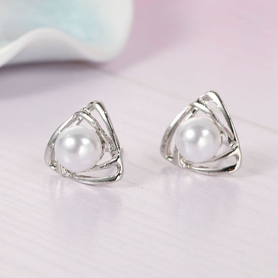 Picture of Acrylic Ear Post Stud Earrings Triangle Gold Plated White Pearl Imitation W/ Stoppers 15mm( 5/8") x 14mm( 4/8"), Post/ Wire Size: (20 gauge), 1 Pair