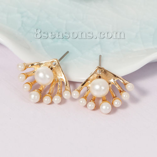 Picture of Acrylic Ear Jacket Studs Earrings Fan-shaped Gold Plated White Pearl Imitation W/ Stoppers 4mm x 4mm( 1/8" x 1/8") 19mm( 6/8") x 15mm( 5/8"), Post/ Wire Size: (21 gauge), 1 Pair
