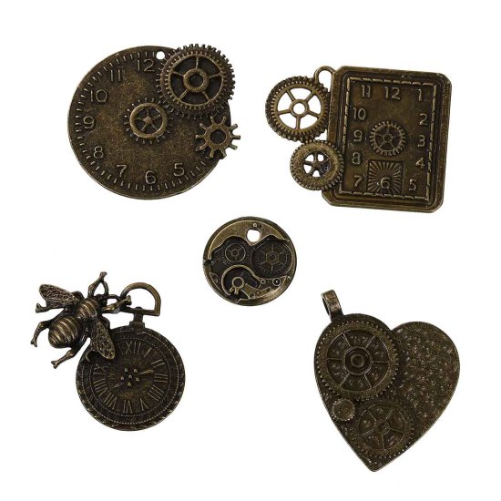 Image de Pendentifs Steampunk Engrenage en Alliage de Zinc Mixte Bronze Antique 50mm x 40mm, 1 Kit(5 Pcs/Kit)