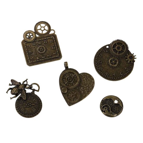 Image de Pendentifs Steampunk Engrenage en Alliage de Zinc Mixte Bronze Antique 50mm x 40mm, 1 Kit(5 Pcs/Kit)
