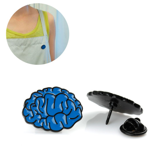 Picture of Tie Tac Lapel Pin Brooches Human Anatomical Cerebrum Brain Deep Blue Enamel 25mm(1") x 19mm( 6/8"), 1 Piece