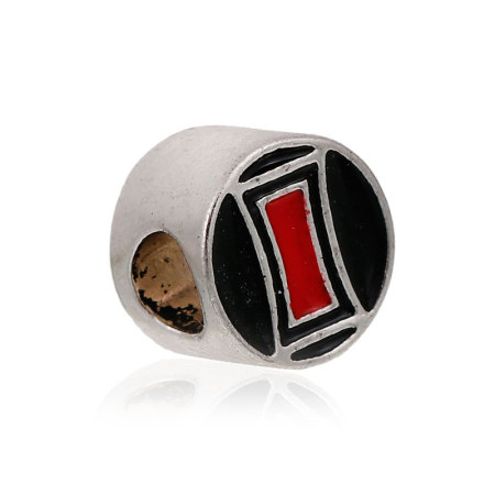 Lega di Zinco Stile Europeo Fascino Perline Tondo Argento Antico Rettangolo Scolpito Nero & Rosso Smalto Circa 11mm Dia, Foro: Circa 5.0mm, 5 Pz