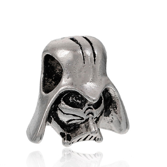 Picture of Zinc Based Alloy 3D European Style Large Hole Charm Beads Helmet Antique Silver Color About 14mm x 13mm, Hole: Approx 4.5mm, 5 PCs
