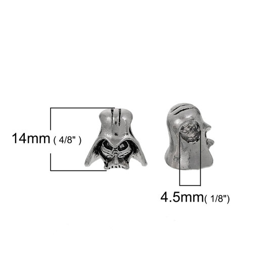 Picture of Zinc Based Alloy 3D European Style Large Hole Charm Beads Helmet Antique Silver Color About 14mm x 13mm, Hole: Approx 4.5mm, 5 PCs