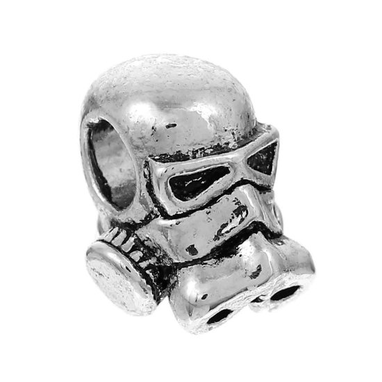 Picture of Zinc Based Alloy 3D European Style Large Hole Charm Beads Gas Mask Human head Antique Silver About 13mm( 4/8") x 11mm( 3/8"), Hole: Approx 4.6mm, 5 PCs