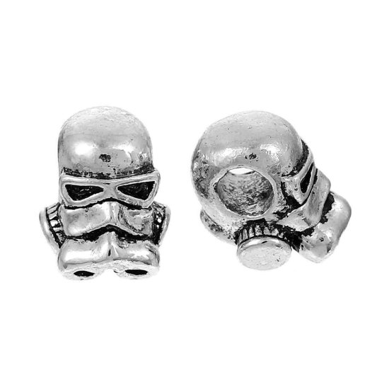 Picture of Zinc Based Alloy 3D European Style Large Hole Charm Beads Gas Mask Human head Antique Silver About 13mm( 4/8") x 11mm( 3/8"), Hole: Approx 4.6mm, 5 PCs