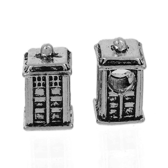 Picture of Zinc Based Alloy European Style Large Hole Charm Beads Police Agency House Antique Silver Color 3D About 17mm x 10mm, Hole: Approx 5.1mm, 5 PCs