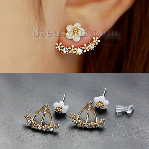 Picture of Acrylic Ear Jacket Stud Earrings Daisy Flower Gold Plated White Clear Rhinestone W/ Stoppers W/ Stoppers 8mm x8mm( 3/8" x 3/8") 19mm( 6/8") x 12mm( 4/8"), Post/ Wire Size: (21 gauge), 1 Pair
