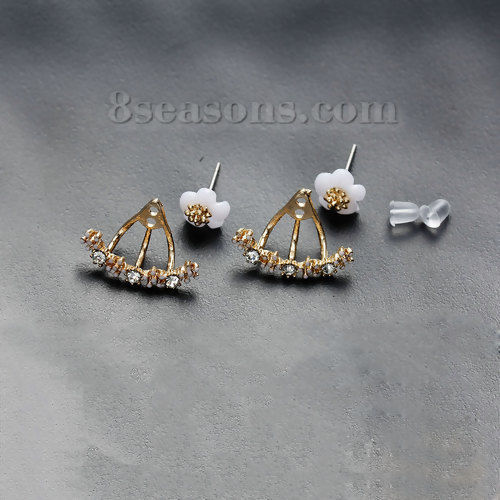 Picture of Acrylic Ear Jacket Stud Earrings Daisy Flower Gold Plated White Clear Rhinestone W/ Stoppers W/ Stoppers 8mm x8mm( 3/8" x 3/8") 19mm( 6/8") x 12mm( 4/8"), Post/ Wire Size: (21 gauge), 1 Pair