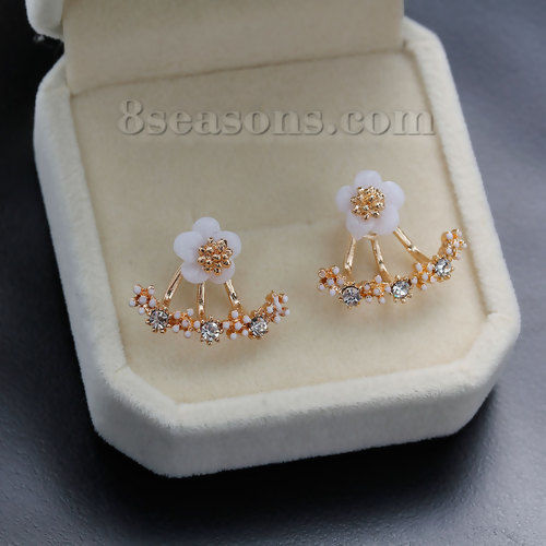 Picture of Acrylic Ear Jacket Stud Earrings Daisy Flower Gold Plated White Clear Rhinestone W/ Stoppers W/ Stoppers 8mm x8mm( 3/8" x 3/8") 19mm( 6/8") x 12mm( 4/8"), Post/ Wire Size: (21 gauge), 1 Pair