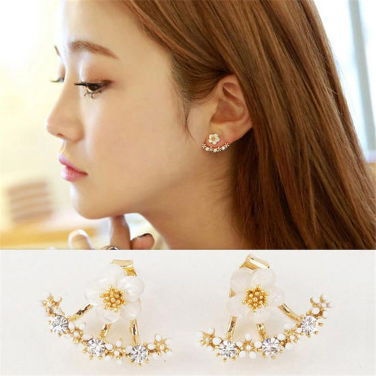 Picture of Acrylic Ear Jacket Stud Earrings Daisy Flower Gold Plated White Clear Rhinestone W/ Stoppers W/ Stoppers 8mm x8mm( 3/8" x 3/8") 19mm( 6/8") x 12mm( 4/8"), Post/ Wire Size: (21 gauge), 1 Pair