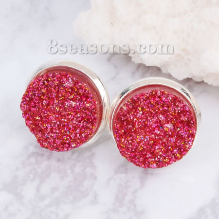 Image de Druzy Boucles d'Oreilles Puces en Laiton Rond Rose Rouge avec Embouts 16mm x 14mm, Epaisseur de Fil: (20 gauge), 1 Paire