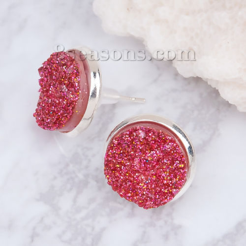 Picture of Copper Druzy/ Drusy Ear Post Stud Earrings Round Rose Red W/ Stoppers 16mm( 5/8") x 14mm( 4/8"), Post/ Wire Size: (20 gauge), 1 Pair