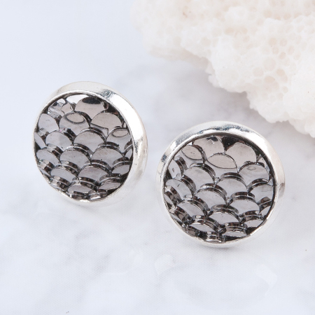 Brass & Resin Mermaid Fish/ Dragon Scale Ear Post Stud Earrings Round Silver Plated Gunmetal W/ Stoppers 15mm( 5/8") x 12mm( 4/8"), Post/ Wire Size: (21 gauge), 1 Pair