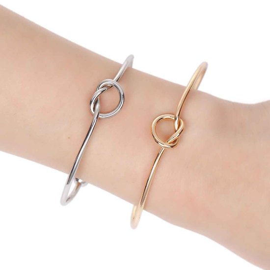 Picture of New Fashion Brass Cuff Bangles Bracelet Silver Tone Heart Love Knot 17cm(6 6/8") long, 1 Piece                                                                                                                                                                