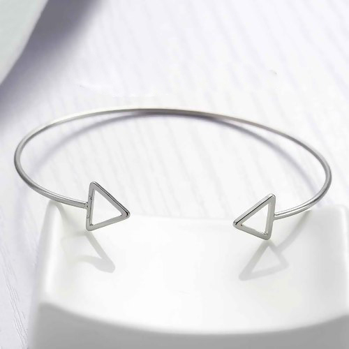Bild von Modisch Messing Manschette Armreif Armband Offen Silberfarbe Dreieck Muster 16cm lang, 1 Stück                                                                                                                                                                