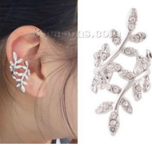 Picture of New Fashion Ear Cuffs Clip Wrap Earrings Leaf Silver Plated Clear Rhinestone 33mm(1 2/8") x 15mm( 5/8"), 1 Piece