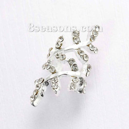 Picture of New Fashion Ear Cuffs Clip Wrap Earrings Leaf Silver Plated Clear Rhinestone 33mm(1 2/8") x 15mm( 5/8"), 1 Piece