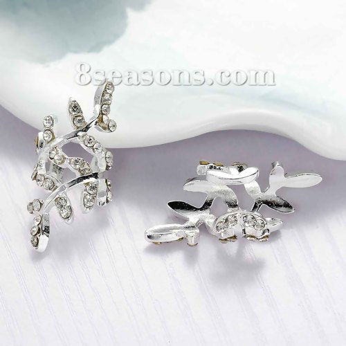 Picture of New Fashion Ear Cuffs Clip Wrap Earrings Leaf Silver Plated Clear Rhinestone 33mm(1 2/8") x 15mm( 5/8"), 1 Piece