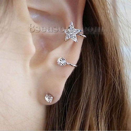 Picture of Ear Cuff Wrap Earrings Clip On Stud Set For Left Ear Star Silver Tone Clear Rhinestone W/ Stoppers 22mm( 7/8") x 17mm( 5/8"), Post/ Wire Size: (21 gauge), 1 Piece