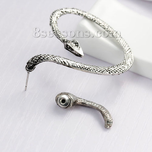 Picture of Ear Cuff Wrap Earrings Clip On Stud Set For Left Ear Snake Antique Silver Color W/ Stoppers 50mm(2") x 40mm(1 5/8"), Post/ Wire Size: (21 gauge), 1 Piece