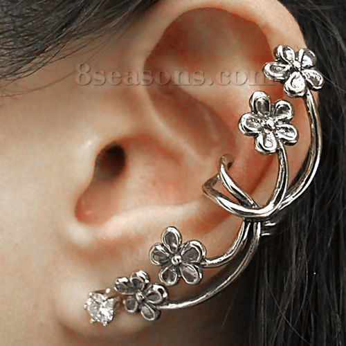 Picture of Ear Cuff Clip On Stud Wrap Earrings For Left Ear Flower Antique Silver Color Clear Rhinestone W/ Stoppers 52mm(2") x 21mm( 7/8"), Post/ Wire Size: (20 gauge), 1 Piece