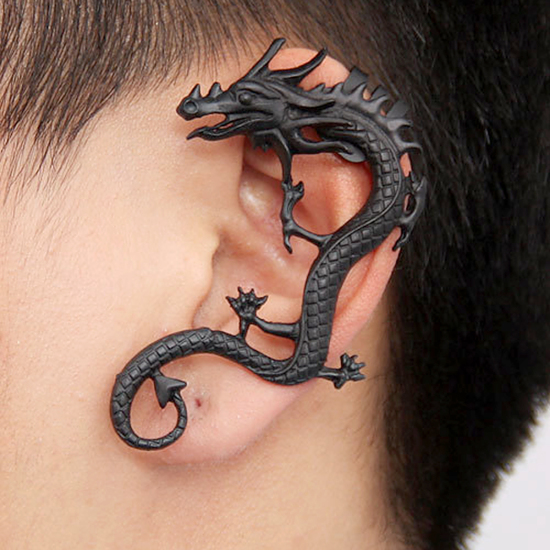 Picture of New Fashion Ear Cuff Clip On Stud Wrap Earrings For Left Ear Dragon Black 61mm(2 3/8") x 43mm(1 6/8"), 1 Piece