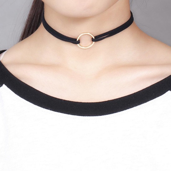 Bild von Modsich Veloursleder Choker Halskette Rund Vergoldet Schwarz Kreis Verbinder 35cm lang 1 Stück