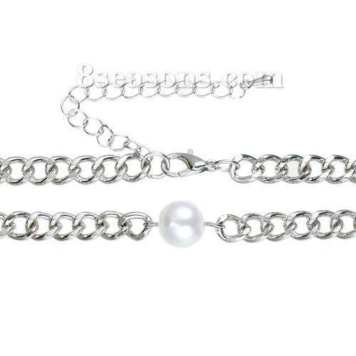 Imagen de Nueva Moda Acrílico Collar Gargantilla Tono de Plata Blanco Imitación de perla 32cm longitud, 1 Unidad