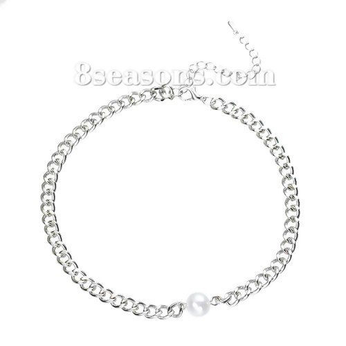 Imagen de Nueva Moda Acrílico Collar Gargantilla Tono de Plata Blanco Imitación de perla 32cm longitud, 1 Unidad