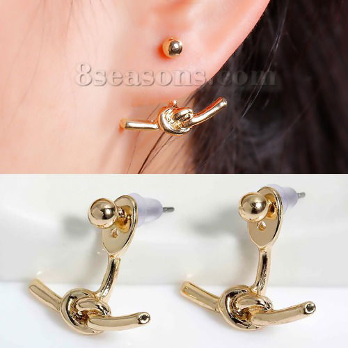 Picture of Ear Jacket Stud Earrings Love Knot Gold Plated W/ Stoppers 21mm x19mm( 7/8" x 6/8") 15mm x4mm( 5/8" x 1/8"), Post/ Wire Size: (21 gauge), 1 Pair