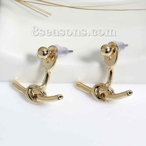 Picture of Ear Jacket Stud Earrings Love Knot Gold Plated W/ Stoppers 21mm x19mm( 7/8" x 6/8") 15mm x4mm( 5/8" x 1/8"), Post/ Wire Size: (21 gauge), 1 Pair